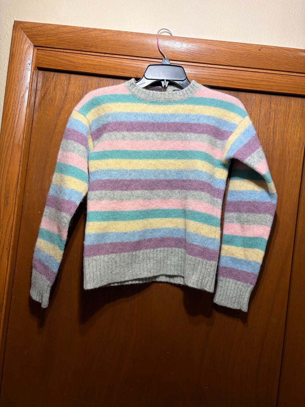 Vintage Hunting Horn 100% Wool Pastel Striped Sweater Youth Kids Preppy Medium